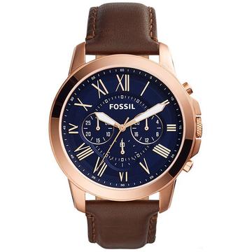 Fossil Men's Chronograph Watch - Grant Quartz Blue Dial Brown Leather Strap - FS5188